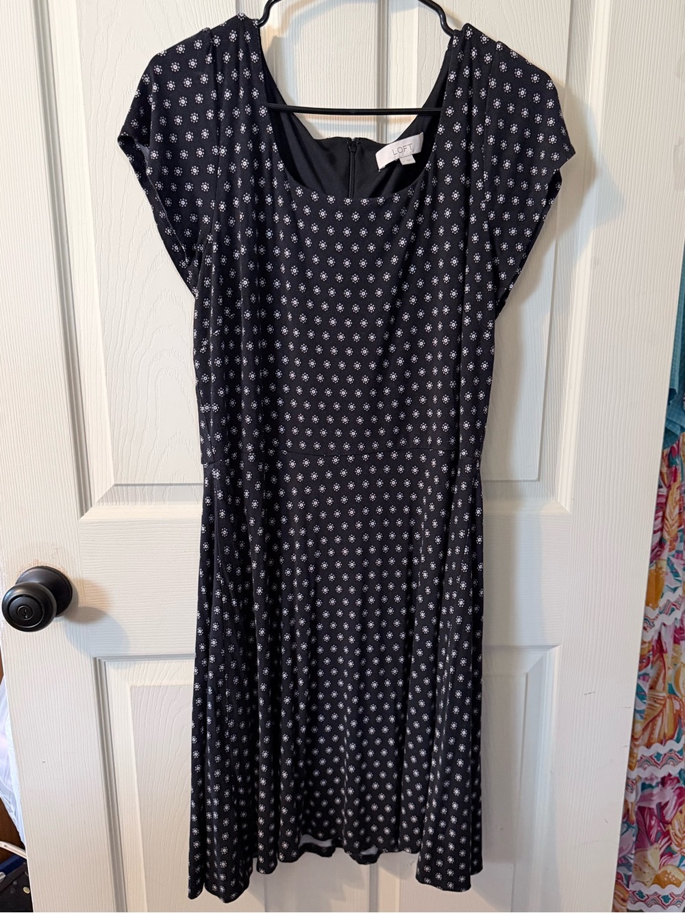 LOFT Black Midi Dress with White Floral Print